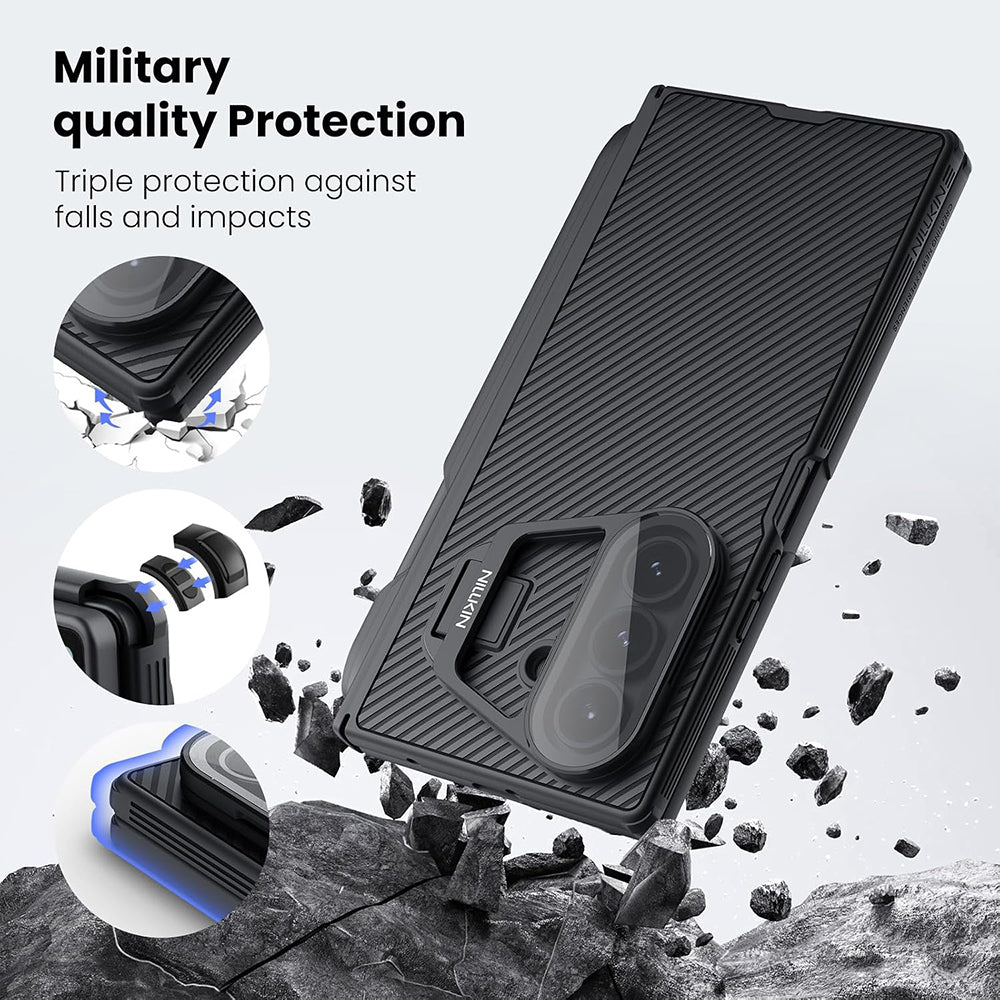 Custodia per Samsung Galaxy Z Fold7 F966, Nillkin, CamShield Prop con copertura trasparente per lente e supporto per S-Pen, Nera