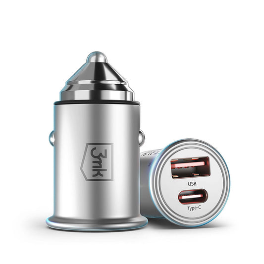 Caricabatterie per auto 3MK Hyper, 45W, 3A, 1 x USB-A - 1 x USB-C, argento