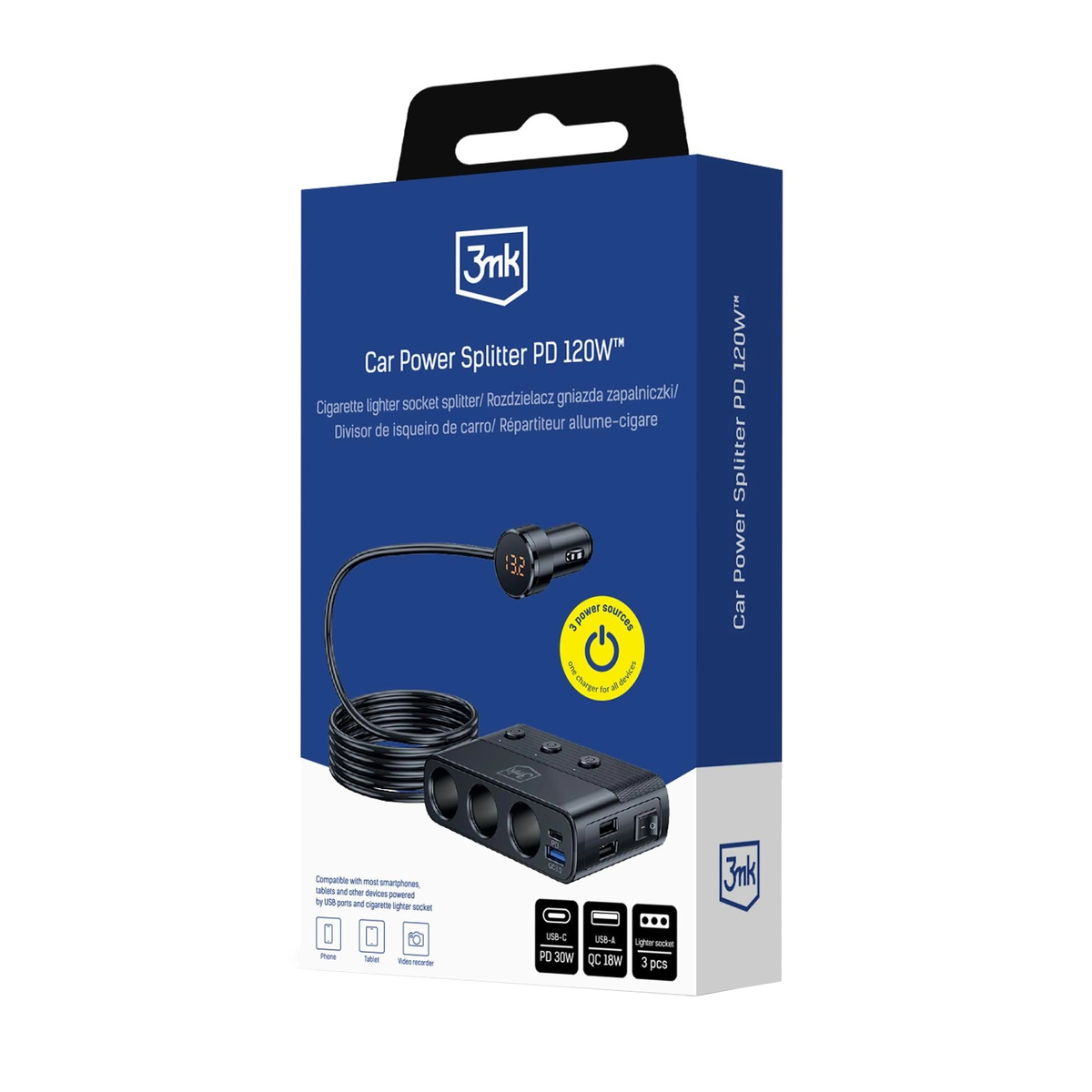 Caricabatterie Auto 3MK Power Splitter, 120W, 3A, 3 x USB-A - 1 x USB-C - 3 x Estensione Accendisigari, Nero