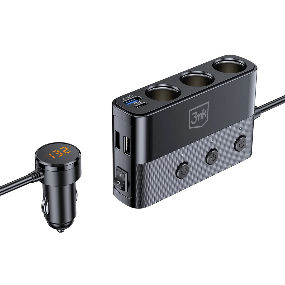 Caricabatterie Auto 3MK Power Splitter, 120W, 3A, 3 x USB-A - 1 x USB-C - 3 x Estensione Accendisigari, Nero
