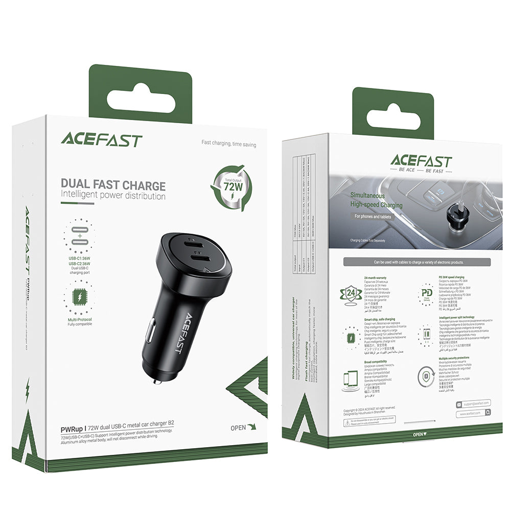 Caricabatterie Auto Acefast B2, 72W, 3A, 2 x USB-C, Nero