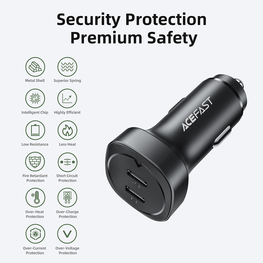 Caricabatterie Auto Acefast B2, 72W, 3A, 2 x USB-C, Nero