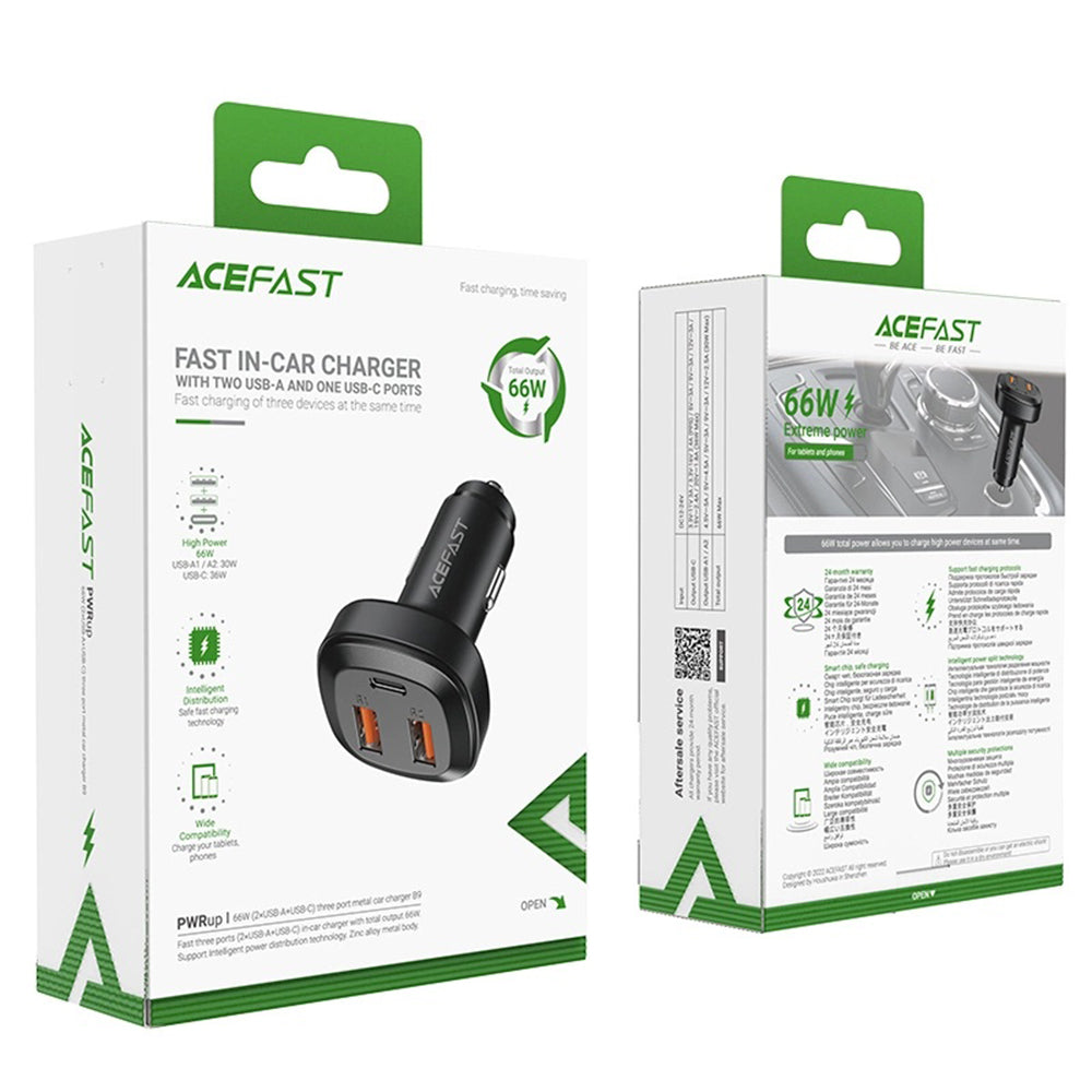 Caricabatterie Auto Acefast B9, 66W, 5A, 2 x USB-A - 1 x USB-C, Nero