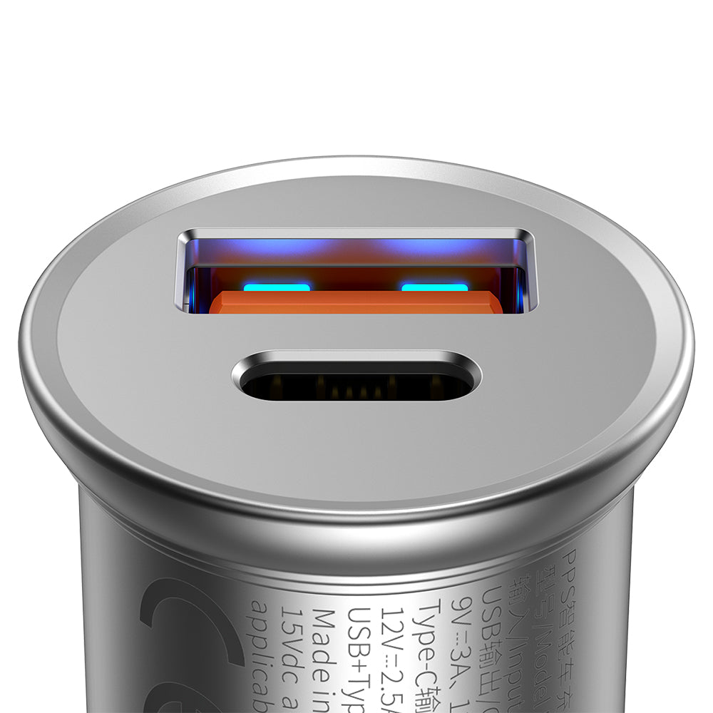 Caricabatterie Auto Baseus Circular Metal, 30W, 5A, 1 x USB-A - 1 x USB-C, Grigio