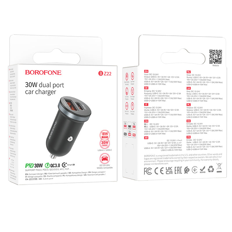 Caricabatterie da auto Borofone BZ22 Scenery, 30W, 3A, 1 x USB-A - 1 x USB-C, nero