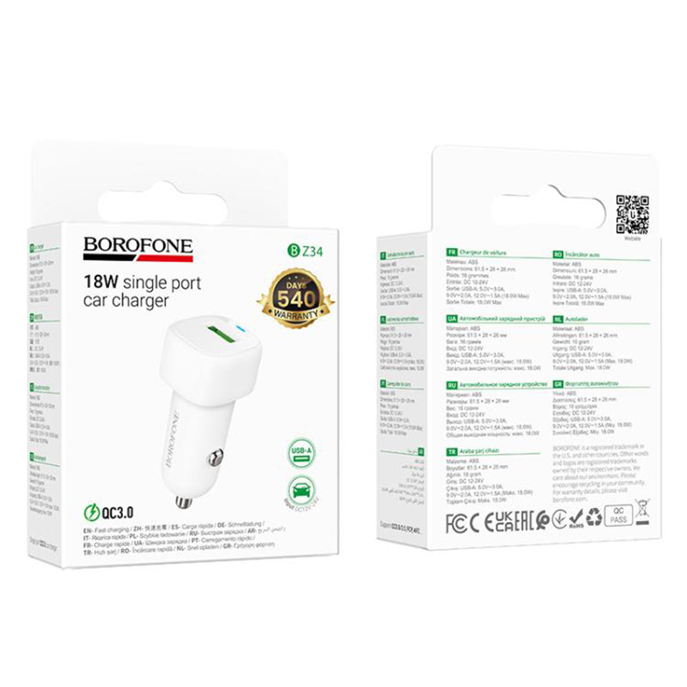 Caricabatterie Auto Borofone BZ34 Cloud, 18W, 3A, 1 x USB-A, Bianco