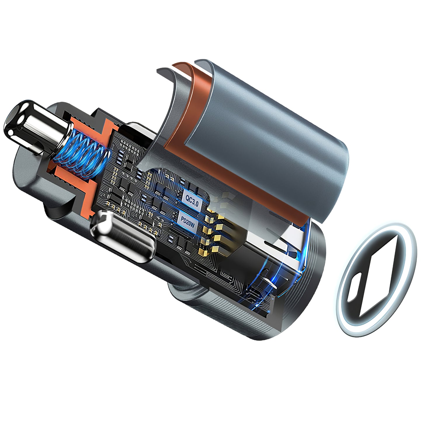 Caricabatteria da auto BWOO BO-CC73, 38W, 3A, 1 x USB-A - 1 x USB-C, argento