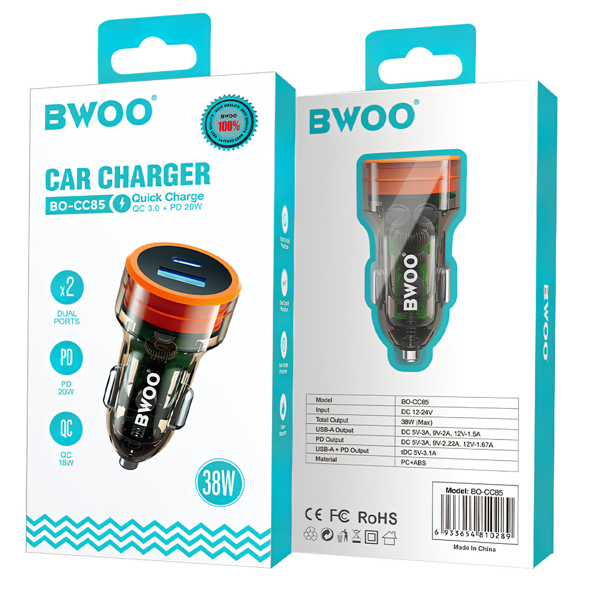 Caricabatterie da auto BWOO BO-CC85, 38W, 3A, 1 x USB-A - 1 x USB-C, nero