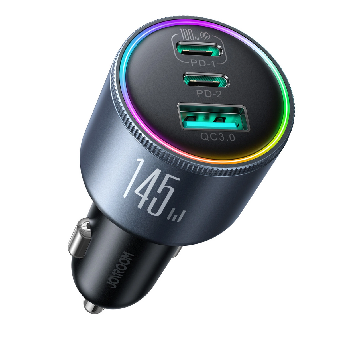 Caricabatterie Auto Con Cavo USB-C Joyroom JR-CCN07, 145W, 5A, 1 x USB-A - 2 x USB-C, Grigio