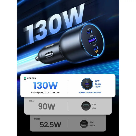 Caricabatterie da auto con cavo USB-C UGREEN CD293, 130W, 5A, 1 x USB-A - 2 x USB-C, Nero