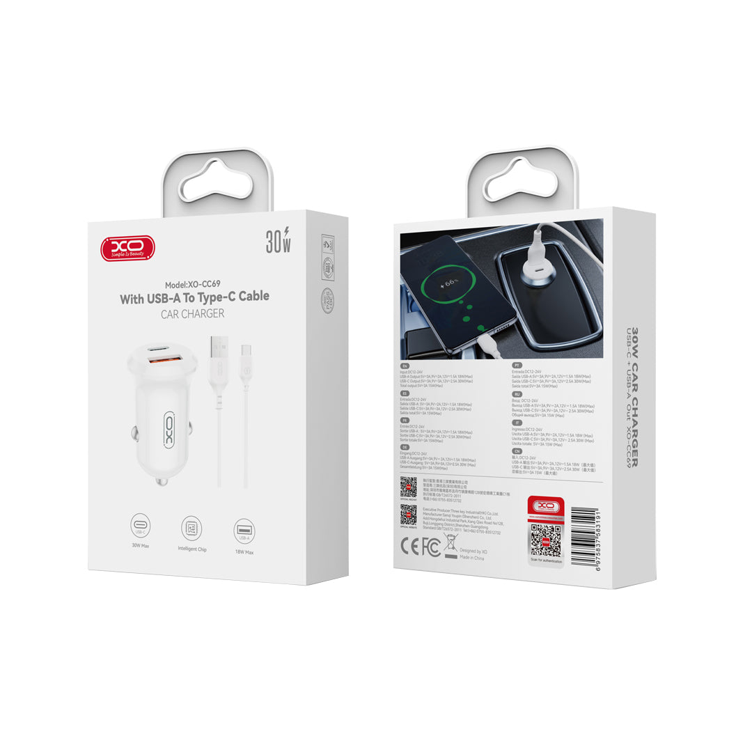 Caricabatterie Auto Con Cavo USB-C XO Design CC69, 30W, 3A, 1 x USB-A - 1 x USB-C, Bianco