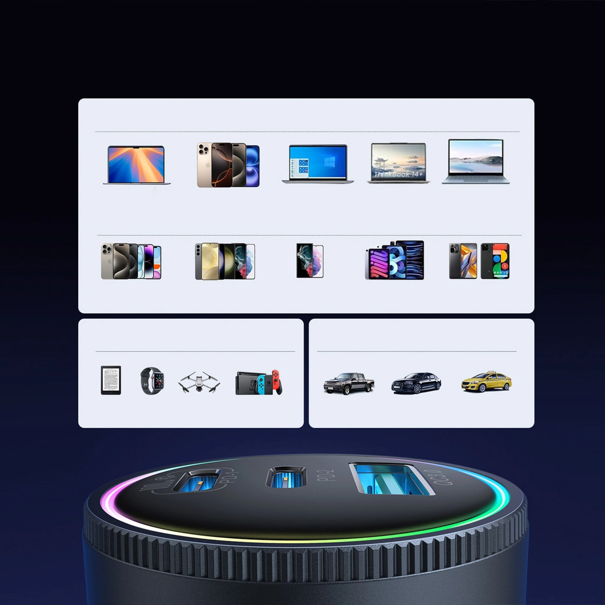 Caricabatterie Auto Con Cavo USB-C Joyroom JR-CCN07, 145W, 5A, 1 x USB-A - 2 x USB-C, Grigio