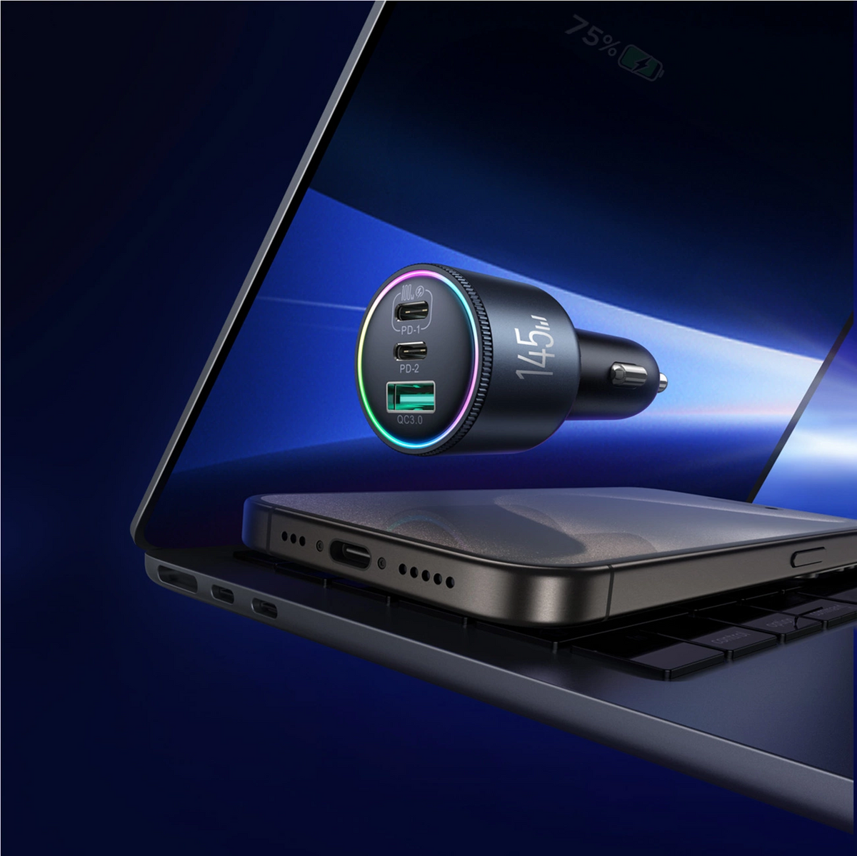 Caricabatterie Auto Con Cavo USB-C Joyroom JR-CCN07, 145W, 5A, 1 x USB-A - 2 x USB-C, Grigio