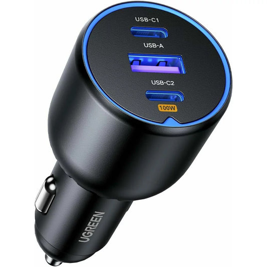 Caricabatterie da auto con cavo USB-C UGREEN CD293, 130W, 5A, 1 x USB-A - 2 x USB-C, Nero