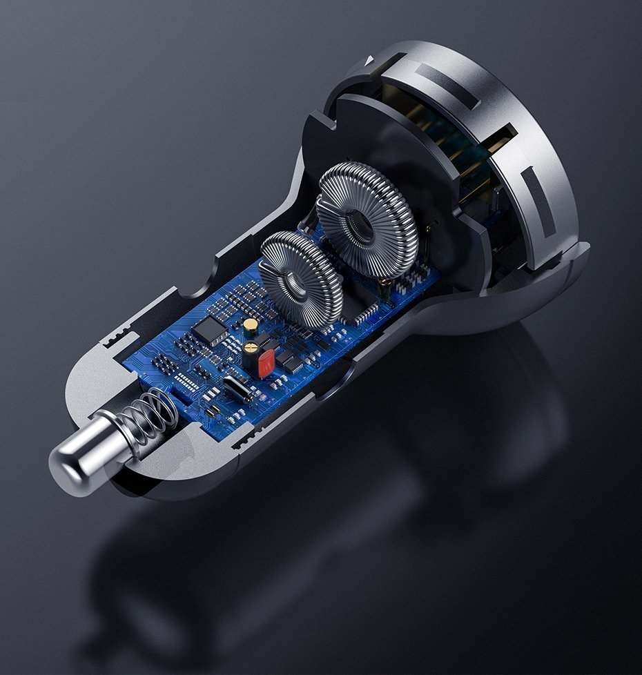 Car Charger with Lightning - microUSB - USB-C Cable Baseus Digital Display, 24W, 2.4A, 2 x USB-A, Grey TZCCBX-0G