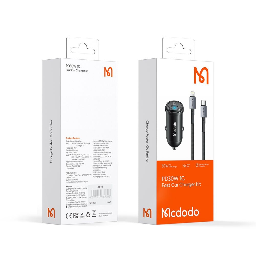 Caricabatterie Auto con Cavo Lightning McDodo CC-7492 Obsidian, 30W, 3A, 1 x USB-C, Nero
