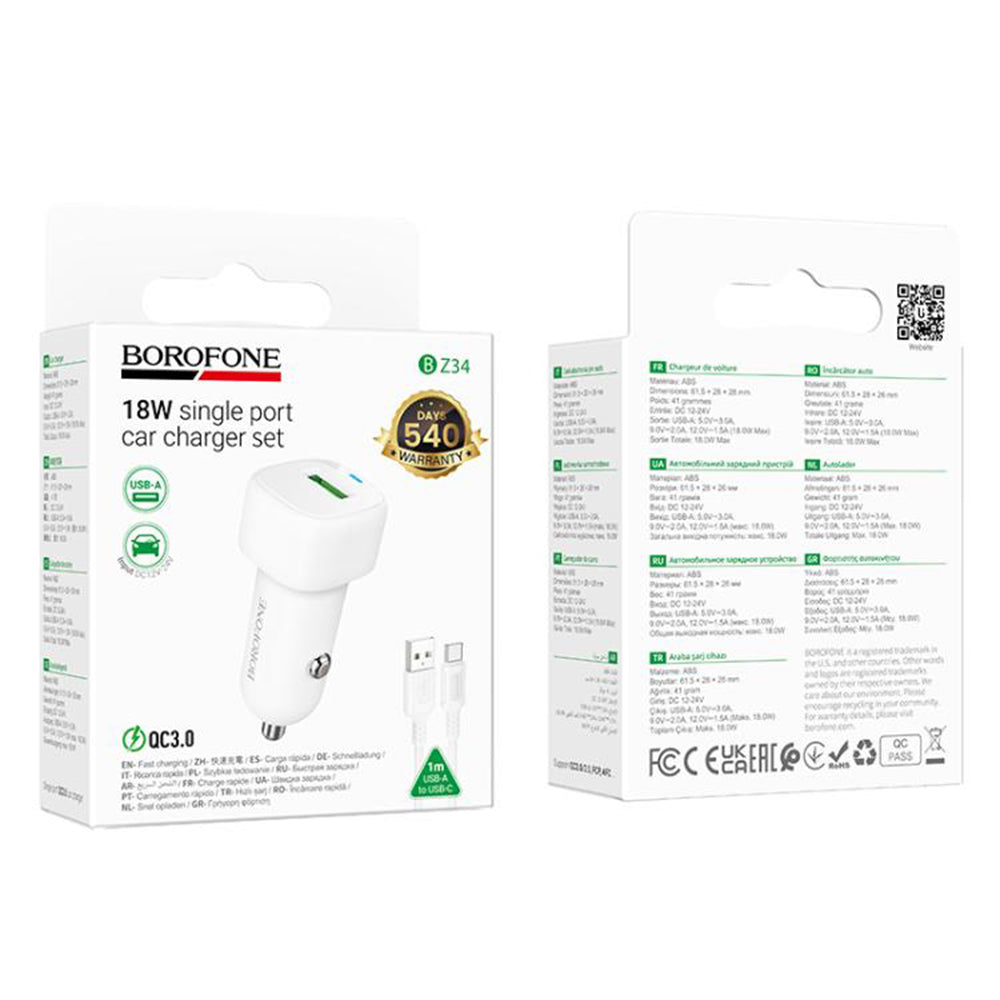 Caricabatterie Auto con Cavo USB-C Borofone BZ34 Cloud, 18W, 3A, 1 x USB-A, Bianco