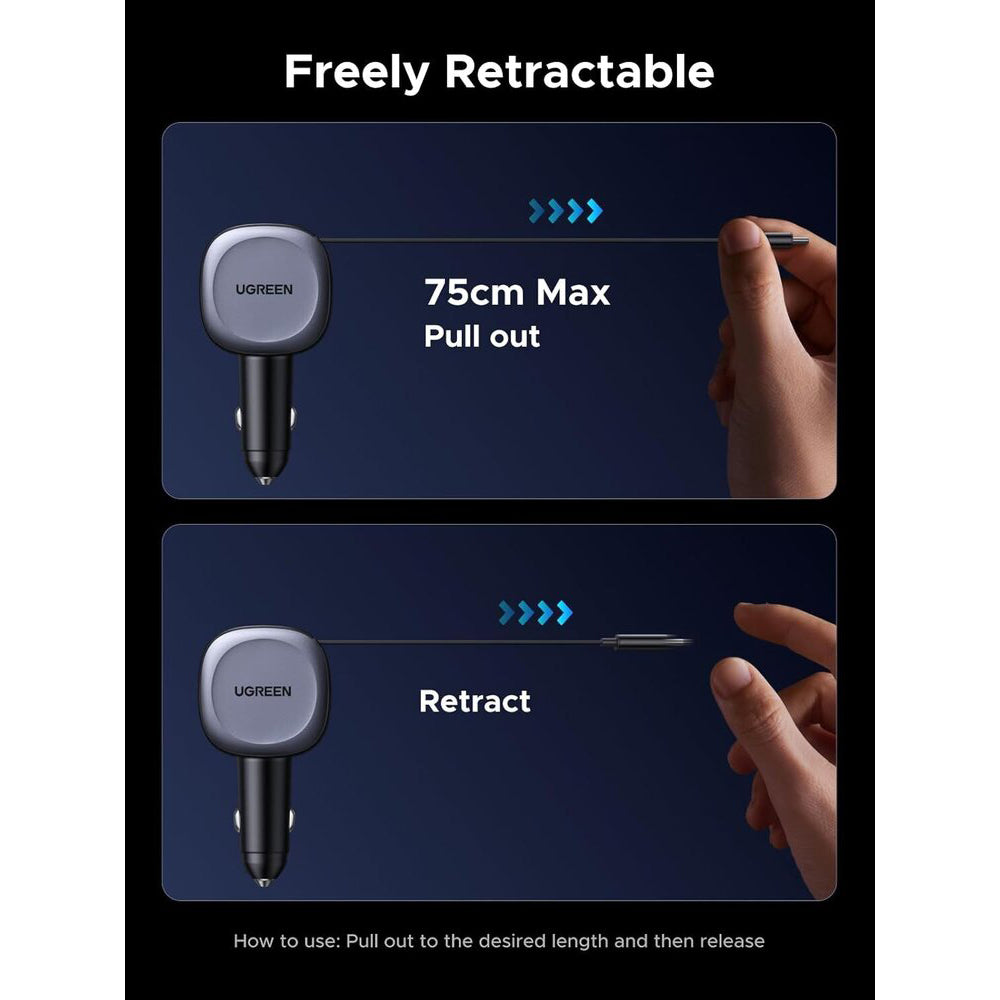 Caricabatterie Auto Con Cavo USB-C UGREEN EC601, 75W, 3A, 1 x USB-A - 1 x USB-C, Grigio