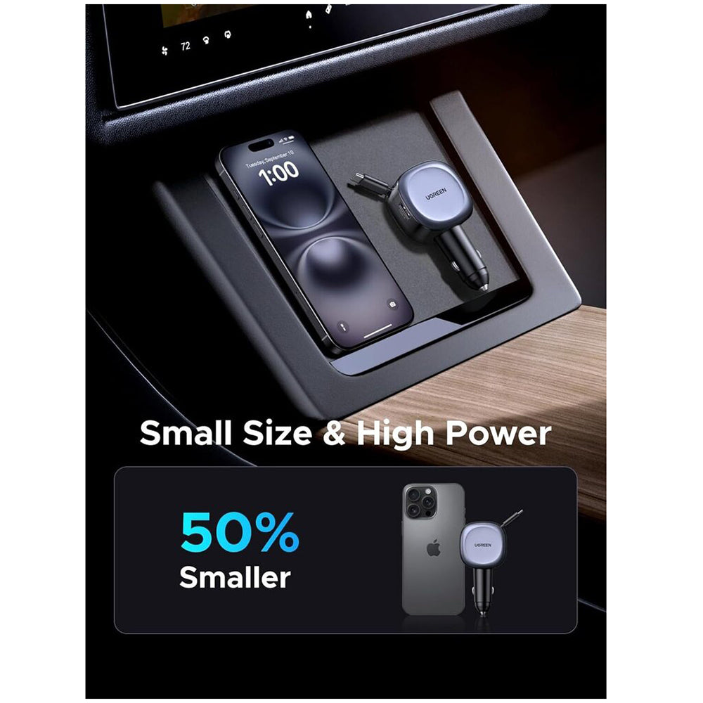 Caricabatterie Auto Con Cavo USB-C UGREEN EC601, 75W, 3A, 1 x USB-A - 1 x USB-C, Grigio