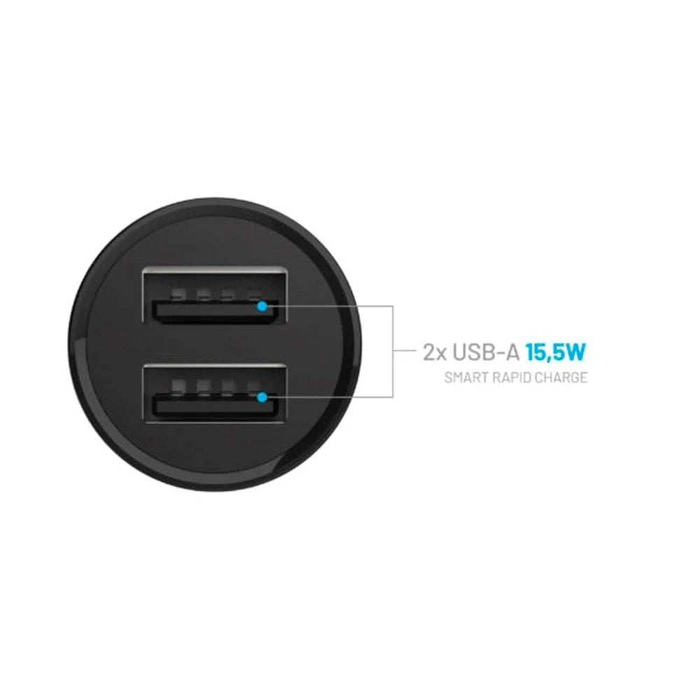 Caricabatterie Auto Fixed, 15.5W, 3A, 2 x USB-A, Nero