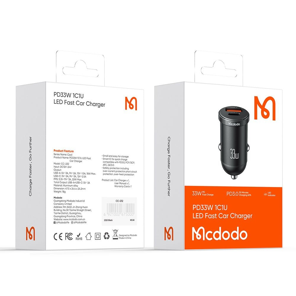 Caricabatterie Auto McDodo CC-2320 Cool, 33W, 3A, 1 x USB-A - 1 x USB-C, Nero