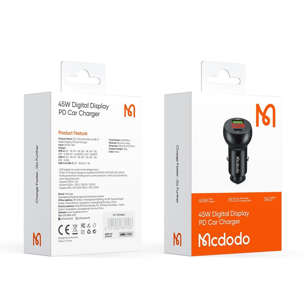Caricabatterie Auto McDodo CC-7030 Display, 45W, 5A, 1 x USB-A - 1 x USB-C, Nero