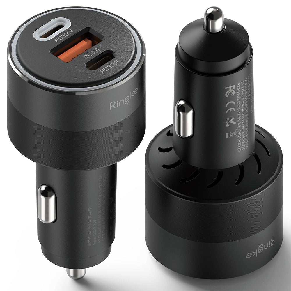 Caricabatterie Auto Ringke, 30W, 3A, 1 x USB-A - 2 x USB-C, Nero