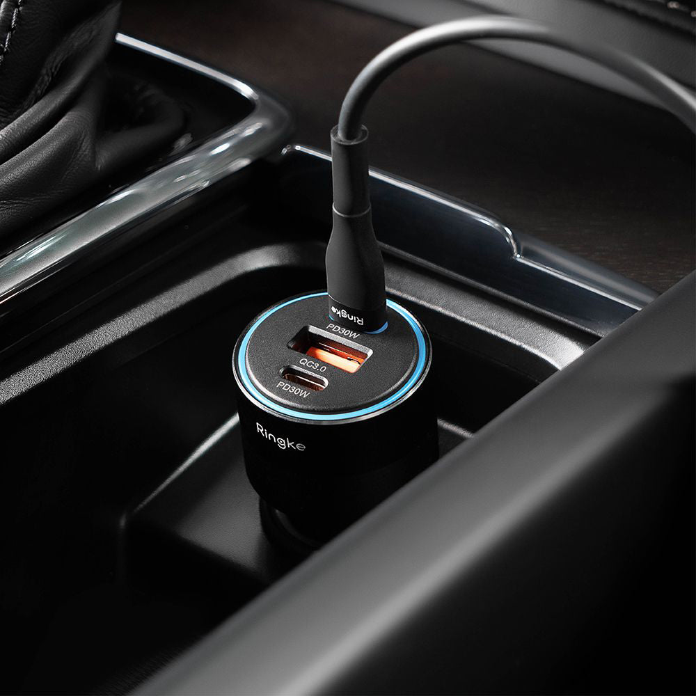 Caricabatterie Auto Ringke, 30W, 3A, 1 x USB-A - 2 x USB-C, Nero