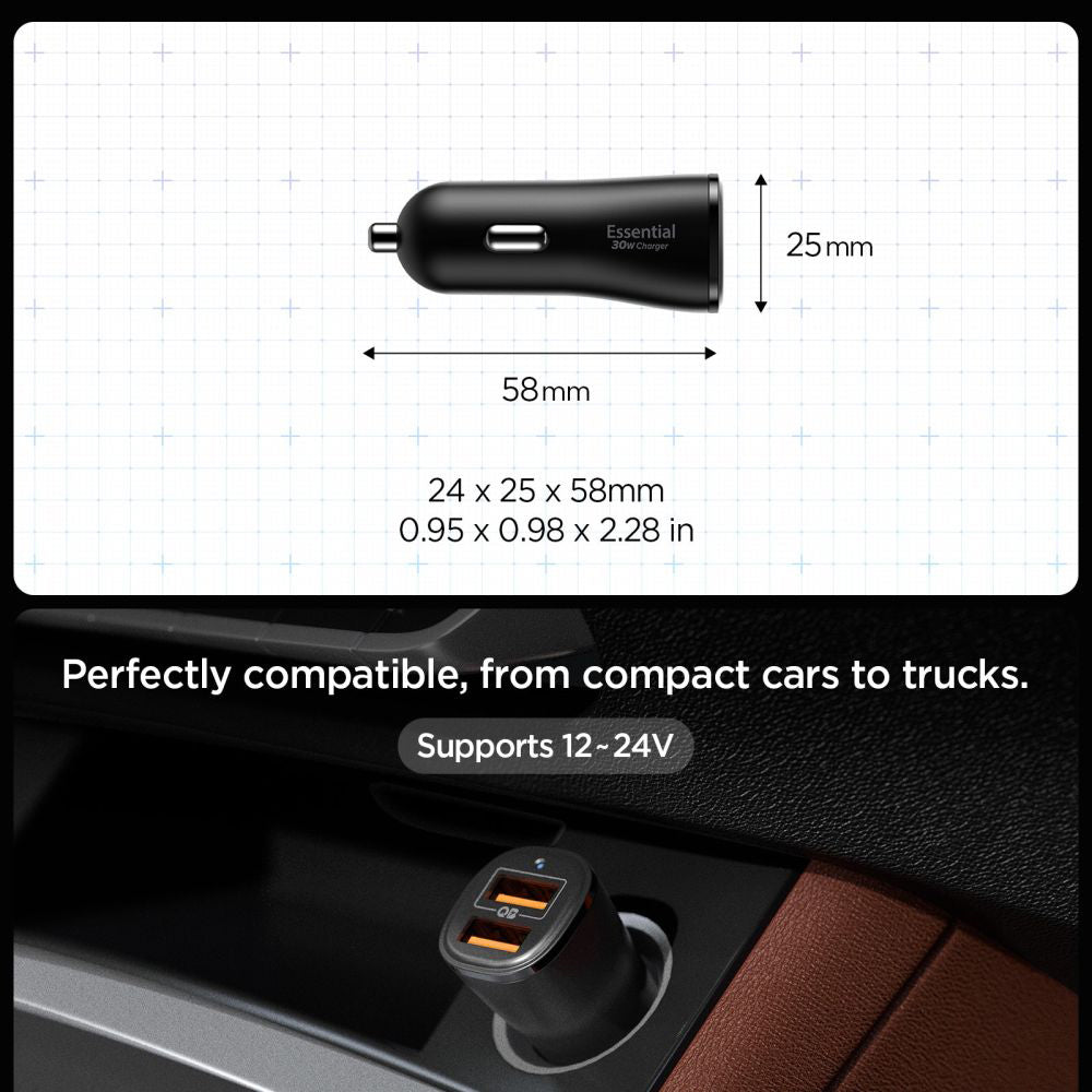 Caricabatterie Auto Spigen EV302 Essential, 30W, 3A, 2 x USB-A, Nero