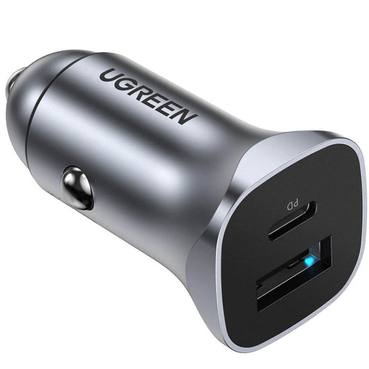Caricabatterie da auto UGREEN CD130, 30W, 3A, 1 x USB-A - 1 x USB-C, Grigio