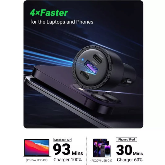 Caricabatterie da auto UGREEN CD239, 69W, 3,25A, 1 x USB-A - 2 x USB-C, Nero