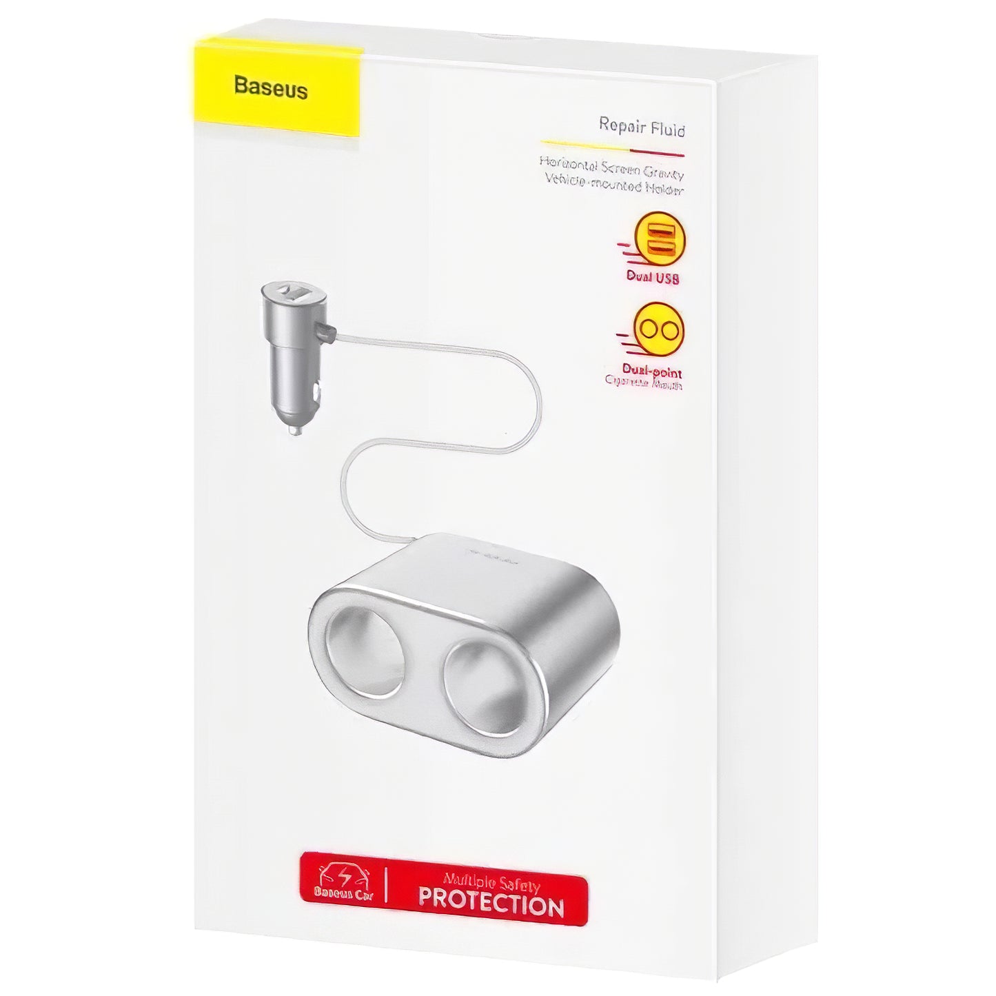 Caricabatterie da auto ad alta efficienza Baseus, 95W, 2,1A, 2 prolunghe per accendisigari - 2 x USB-A, argento CRDYQ-0S