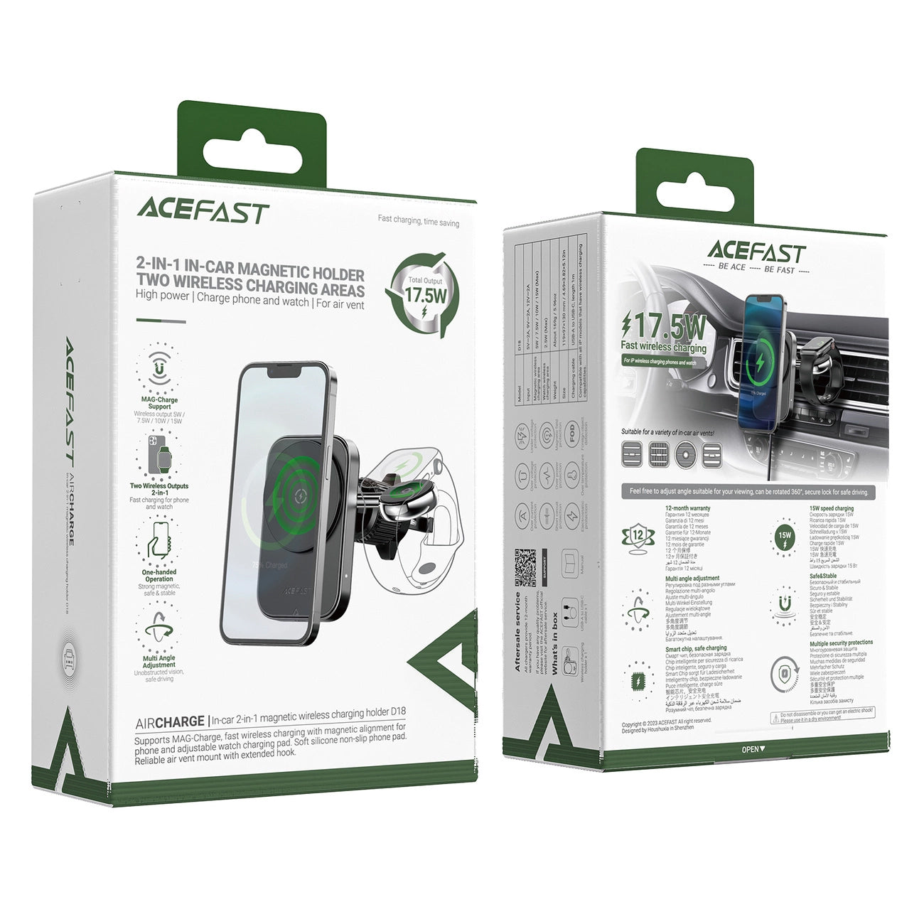 Caricabatterie Auto Wireless Acefast D18 2in1, 15W, 1.67A, Nero