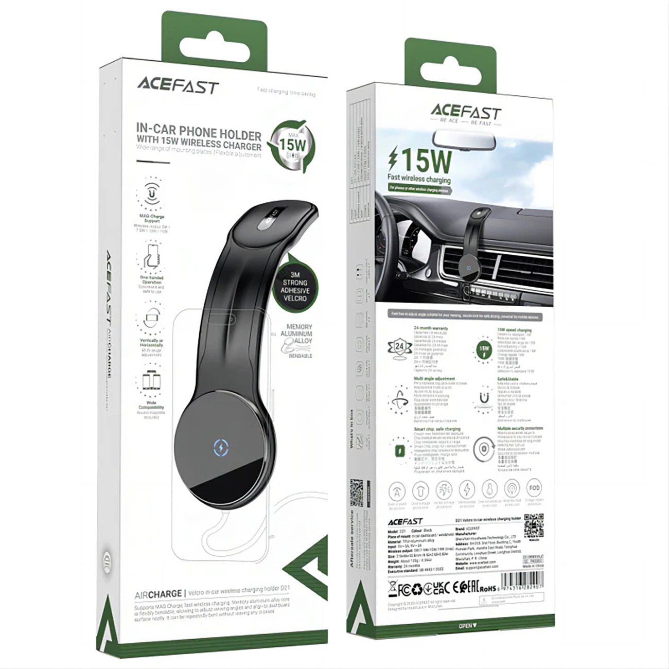Caricabatterie Auto Wireless Acefast D21, 15W, 1.67A, Nero