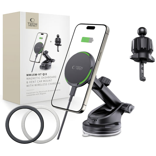 Caricatore da auto wireless Tech-Protect MM15W-V7 QI2, 15W, 1,67A, nero