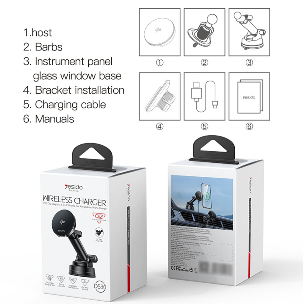 Caricabatterie Auto Wireless Yesido DS30, 15W, 1.67A, Nero