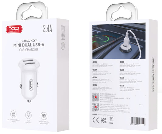Caricabatterie Auto XO Design CC67, 12W, 2.4A, 2 x USB-A, Bianco