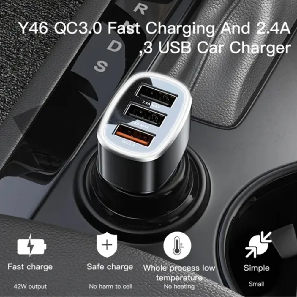 Caricabatterie Auto Yesido Y46, 42W, 3A, 3 x USB-A, Nero