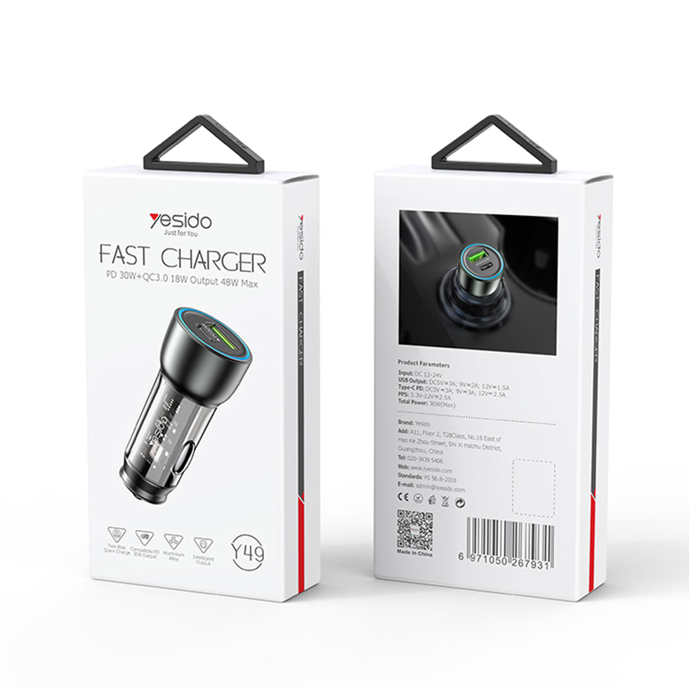 Caricabatterie Auto Yesido Y49, 30W, 3A, 1 x USB-A - 1 x USB-C, Grigio