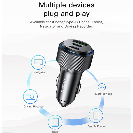 Caricabatterie Auto Yesido Y50, 60W, 3A, 1 x USB-A - 2 x USB-C, Nero