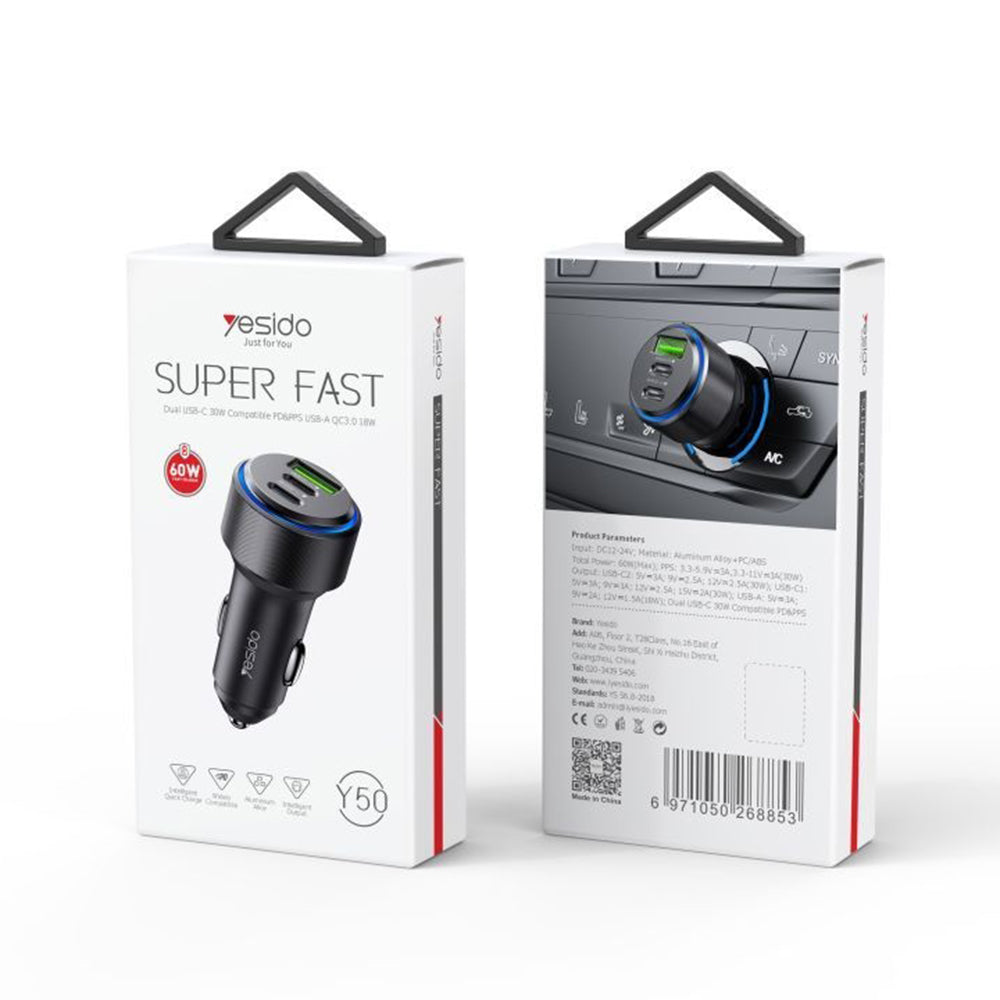 Caricabatterie Auto Yesido Y50, 60W, 3A, 1 x USB-A - 2 x USB-C, Nero