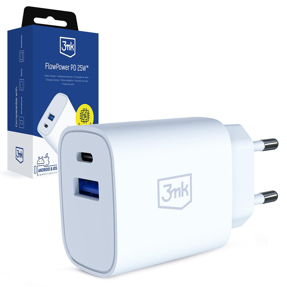 Caricatore da rete 3MK FlowPower, 25W, 1 x USB-A - 1 x USB-C, Bianco