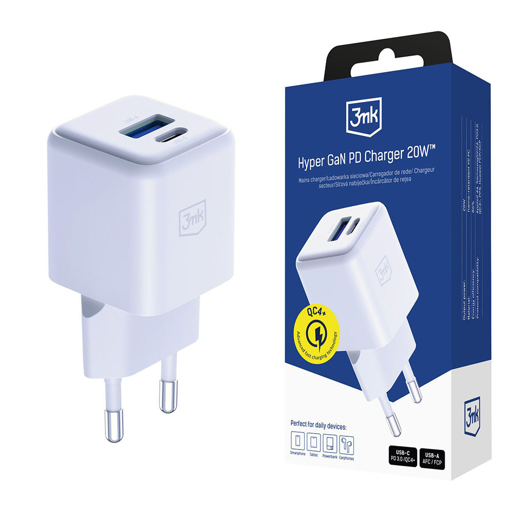 Caricabatterie Retea 3MK Hyper, 20W, 3A, 1 x USB-A - 1 x USB-C, Bianco