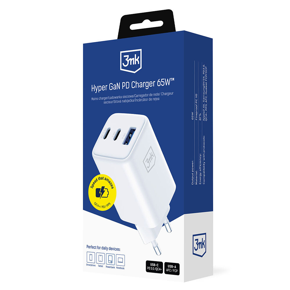 Caricabatterie Retea 3MK Hyper, 65W, 3.25A, 1 x USB-A - 2 x USB-C, Bianco