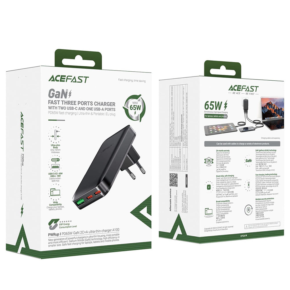 Caricabatterie Retea Acefast A100, 65W, 3.25A, 1 x USB-A - 2 x USB-C, Nero