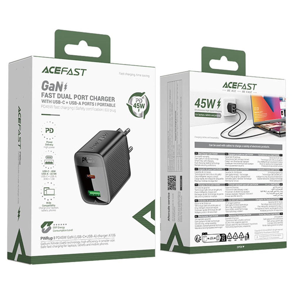 Caricabatterie Retea Acefast A106, 45W, 3A, 1 x USB-A - 1 x USB-C, Nero