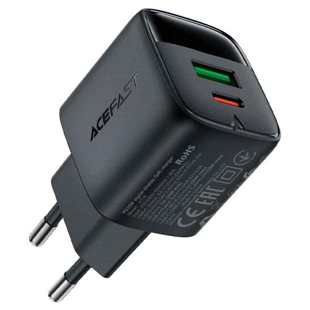 Caricabatterie Retea Acefast A116 Display, 35W, 3A, 1 x USB-A - 1 x USB-C, Nero