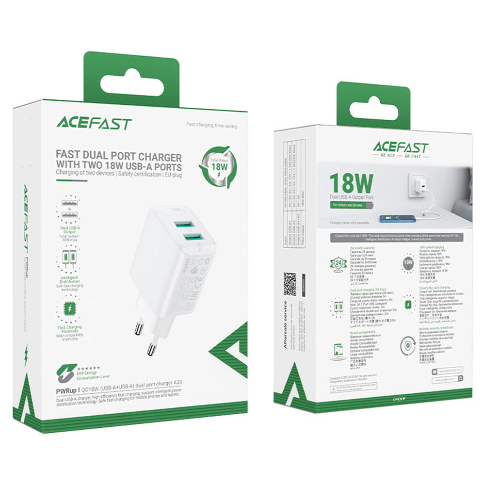 Caricabatterie Rete Acefast A33, 18W, 3A, 2 x USB-A, Nero