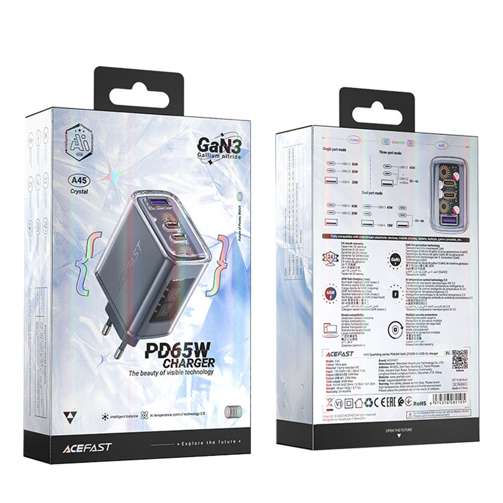 Caricabatterie Rete Acefast A45 Exploration, 65W, 3.25A, 1 x USB-A - 2 x USB-C, Grigio