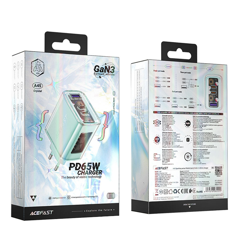 Caricabatterie Rete Acefast A45 Exploration, 65W, 3.25A, 1 x USB-A - 2 x USB-C, Verde